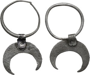 reverse: Early medieval (?), Balkans.  Pair of silver earrings, with pendant crescent moon.  Length: 43 mm. Weight: 4.60 g (both)