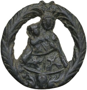 obverse: Medieval period, Balkans. Bronze decorative element. Madonna with Child within wreath. Both crowned, Madonna wearing an elaborately decorated mantle. On the back graffito: F.  26 mm
