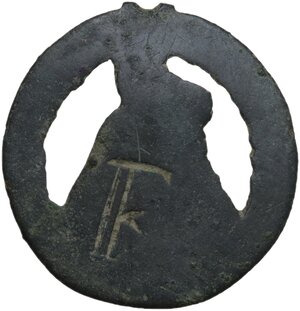 reverse: Medieval period, Balkans. Bronze decorative element. Madonna with Child within wreath. Both crowned, Madonna wearing an elaborately decorated mantle. On the back graffito: F.  26 mm