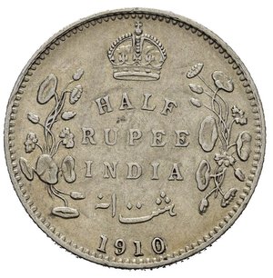 reverse: INDIA BRITANNICA. Edoardo VII. 1/2 rupia 1910. Ag. SPL