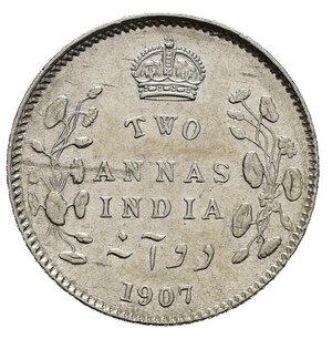 reverse: INDIA BRITANNICA. Edoardo VII. 2 annas 1907. Ag. SPL
