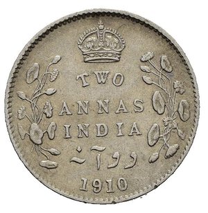 reverse: INDIA BRITANNICA. Edoardo VII. 2 annas 1910. Ag. BB+