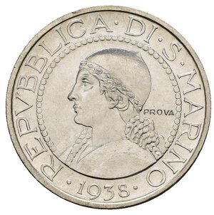 obverse: SAN MARINO. Vecchia monetazione. 5 lire 1938 Prova. Ag. Lievissimo colpetto al bordo al D/ ore 11. FDC
