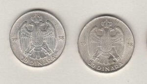 obverse: YUGOSLAVIA. Peter II (1934-1945) Lotto 4 pezzi da 20 Dinari 1938 argento KM23 BB+/SPL