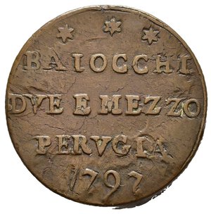obverse: PERUGIA. Stato Pontificio. Pio VI (1775-1799). Sampietrino da 2 e 1/2 baiocchi 1797 sigle TM. Cu (12,70 g - 26,75 mm). MIR 2977/4. BB
