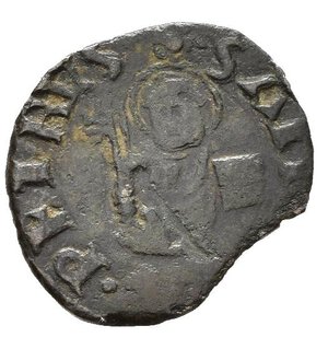 reverse: ROMA. Paolo II (1464-1471). Picciolo con San Pietro. Mi (0,67 g). Stemma semiovale - Mezza figura del Santo. MIR 420. qBB