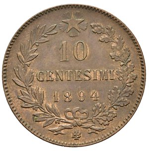 reverse: Regno d Italia. Umberto I (1878-1900). 10 centesimi 1894 Bi (Birmingham). Gigante 50. qFDC