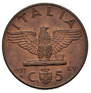 reverse: Regno d Italia. Vittorio Emanuele III (1900-1943) 5 Centesimi 1937. Cu. Gig. 285. FDC rame rosso