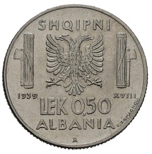 reverse: Regno d Italia. Vittorio Emanuele III (1900-1943). ALBANIA. 0,50 lek 1939 XVIII. Magnetica. Gig.9a. SPL