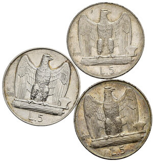 obverse: Regno d Italia. Vittorio Emanuele III (1900-1943). Lotto di 3 pezzi da 5 Lire 1930 
