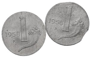obverse: Repubblica Italiana. Lotto di 2 monete da 1 lira 1958 di cui una con tondello tranciato e l altra con appiattimento del bordo. SPL