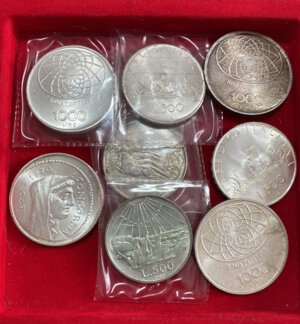 obverse: Repubblica Italiana. Lotto di 8 monete in argento. 500 lire Caravelle, Dante, Unità, 1000 lire Roma Capitale. SPL-FDC