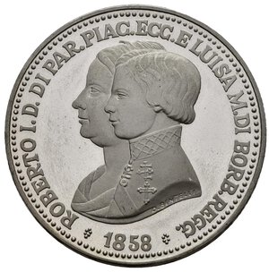 obverse: Medaglie Italiane. Riproduzione in argento delle 5 lire 1858, Parme e Piacenza. Ag (22,03 g). Impronte nei campi. Proof