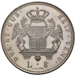 reverse: Medaglie Italiane. Riproduzione in argento delle 8 lire 1796, Genova. Ag (22,12 g). Impronte nei campi. Proof
