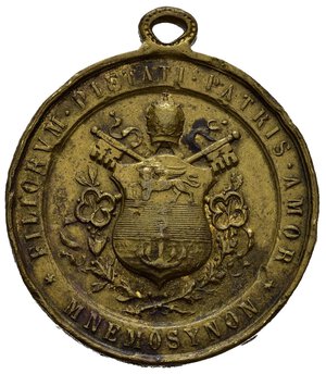 reverse: MEDAGLIE PAPALI – PIO X (1903-1914), medaglia con appiccagnolo emessa nel 1908, al dritto PIVS X PONT MAX ANN VI, busto a sinistra, sotto JOHNSON. Al rovescio FILIORVM PIETETI PATRIS AMOR MNEMOSYNON, stemma papale con triregno e chiavi.  Conservazione MB Ø31mm, coniata in Bronzo (AE), peso gr. 13,1. MOLTO RARA.  