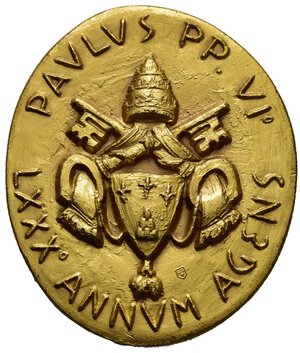 obverse: MEDAGLIE PAPALI – PAOLO VI (1963-1978), medaglia, non portativa, straordinaria coniata il 26 settembre 1977 per ricordare l’ottantesimo compleanno di Paolo VI, al dritto busto di San paolo nimbato e seduto di fronte regge la spada sul Vangelo aperto, in esergo E. MANFRINI (Enrico Manfrini), al rovescio PAVLUVS PP. VI LXXX ANNVM AGENS, stemma papale sormontato da chiavi decussate e coronato da triregno. Riferimenti Macrì – Marinelli 425. Conservazione FDC Ø35mm, coniata in Bronzo (AE) dorato, peso gr. 30,9., medaglia con alti rilievi. RARA. 