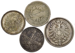 obverse: Monete Mondiali. Lotto di 4 monete. Germania 50 pfennig 1877, 1 mark 1874, Stati Uniti 5 cents 1911. MB-SPL