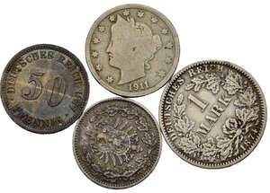 reverse: Monete Mondiali. Lotto di 4 monete. Germania 50 pfennig 1877, 1 mark 1874, Stati Uniti 5 cents 1911. MB-SPL