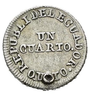 reverse: ECUADOR. Un Cuarto 1852 GJ (1/4 real). Ag (0,66 g). KM#36. Forellino. MB
