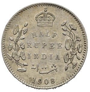 reverse: INDIA BRITANNICA. Edoardo VII. 1/2 rupia 1908. Ag. SPL