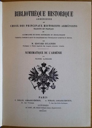 obverse: Langlois V., Numismatique de l Arménie. Forni reprint, 1979. Hardcover, 87pp., 4 plates of line drawings. Very good condition