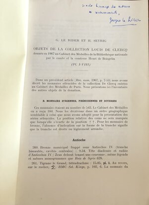 obverse: Le Rider G. Seyrig H. Objets de la Collection Louis De Clerco. 1968. Brossura pp. Da 7 a 50, tavv. VIII in b/n. Buono stato