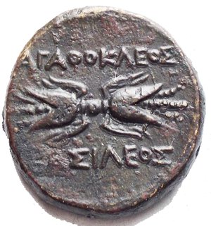 reverse: Mondo Greco -Sicilia.Siracusa.Agatocle, IV periodo.AE 21,6 x 20,9 mm. 295-289 a.C.D/ TEIPA. Testa di Artemide a destra.R/ AAOKEO BAIEO. Fulmine alato.SNG ANS 708.gr. 10,0R.AE.BB++