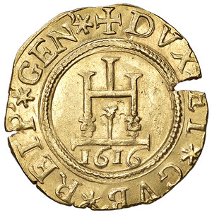 obverse: Genova. Dogi Biennali e governatori della Repubblica (1528-1797). Serie della II fase: 1541-1637. Da 2 doppie o quadrupla 1616 (sigle I-Z) AV gr. 13,42. Lunardi 226. MIR 203/16. Ex asta Varesi 68/2016, 250. Rara. Marginale frattura del tondello, altrimenti SPL 