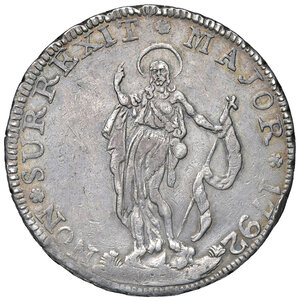 reverse: Genova. Dogi Biennali e governatori della Repubblica (1528-1797). Serie della III fase: 1637-1797. Da 8 lire 1792 AG gr. 33,22. Lunardi 351. MIR 308/1. Rara. Leggera patina iridescente, migliore di BB 