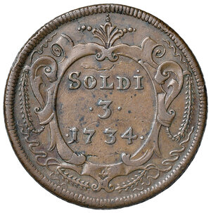 reverse: Gorizia. Carlo VI d’Asburgo imperatore del S.R.I. e conte di Gorizia (1711-1740). Da 3 soldi 1734 CU gr. 15,45. CNI 3. MIR 148. Rara. Buon BB 