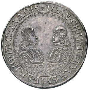 obverse: Gradisca. Giovanni Cristiano e Giovanni Sigfrido Eggenberg (1649-1713). Tallero 1658 AG gr. 29,08. CNI 11. MIR 166/4. Ex asta Nomisma 55/2017, 693. Raro. Patina di medagliere, SPL 