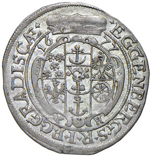 reverse: Gradisca. Giovanni Cristiano e Giovanni Sigfrido Eggenberg (1649-1713). Grosso o da 3 kreuzer 1677 AG gr. 1,63. CNI 2. MIR 166/2. Ex asta Numismatica Ranieri 15/2020, 214. Raro. Più di SPL 