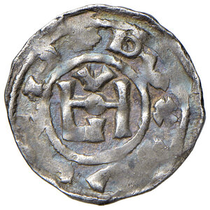 obverse: Lucca. Ugo II e Giuditta duchi di Toscana (990-1002). Denaro AG gr. 1,49. Bellesia 1. MIR 102. Rarissimo. Leggera patina iridescente, buon BB 