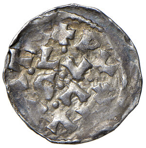 reverse: Lucca. Ugo II e Giuditta duchi di Toscana (990-1002). Denaro AG gr. 1,49. Bellesia 1. MIR 102. Rarissimo. Leggera patina iridescente, buon BB 