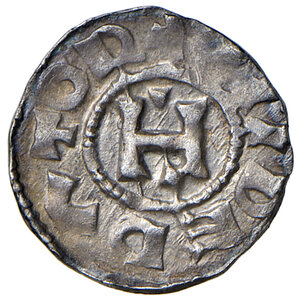 obverse: Lucca. Enrico II imperatore e re d’Italia (1004-1024). Denaro AG gr. 1,18. Bellesia 1. MIR 103. Estremamente raro. Bella patina di medagliere ed esemplare in  notevole stato di conservazione per il tipo di moneta, q.SPL 