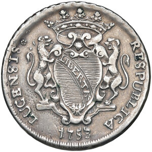 obverse: Lucca. Repubblica (sec. XIII-1799). Emissioni del sec. XVIII. Scudo 1753 AG gr. 26,18. Bellesia 71. MIR 237/13. BB 