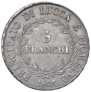 reverse: Lucca. Elisa e Felice Baciocchi principi di Lucca e Piombino (1805-1814). Da 5 franchi 1805 AG. Pagani 251. BB  
