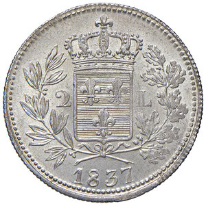 reverse: Lucca. Carlo Ludovico di Borbone duca (1824-1847). Da 2 lire 1837 AG. Pagani 261. Migliore di SPL  