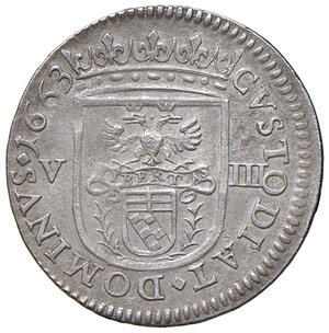 reverse: Massa di Lunigiana. Alberico II Cybo Malaspina (1662-1690). I periodo: principe, 1662-1664. Da 8 bolognini 1663 AG gr. 2,18. Cammarano 222. MIR 321/3. Rara. Graffietti da aggiustamento del tondello, altrimenti q.SPL 