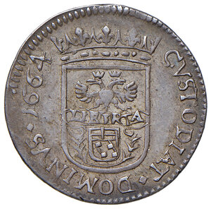 reverse: Massa di Lunigiana. Alberico II Cybo Malaspina (1662-1690). II periodo: duca, 1664-1690. Da 8 bolognini 1664 AG gr. 2,36. Cammarano 226. MIR 323. Rara. Migliore di BB 