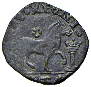 reverse: Brindisi. Ferdinando I d’Aragona (1458-1494). Cavallo AE gr. 1,84. MEC 14, 1025 var. MIR 360. Vall-Llosera i Tarrés 212 (famiglia Colonna, zecca di Tagliacozzo). Raro. q.SPL 