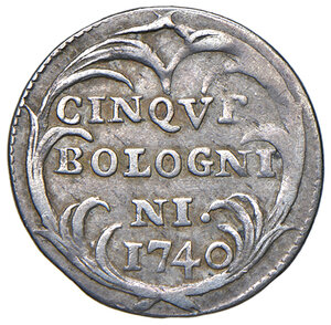 reverse: Bologna. Benedetto XIV (1740-1758). Carlino da 5 bolognini 1740 AG gr. 1,31. Muntoni 231. Berman 2807. Chimienti 890. MIR 2638/1. Raro. BB