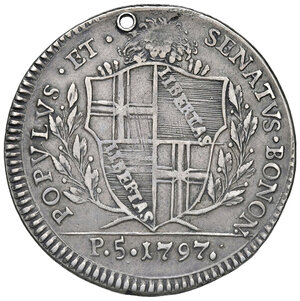 obverse: Bologna. Governo Popolare (1796-1797). Mezzo scudo da 5 paoli 1797 AG gr. 14,27. MIR 58/2. Patina di medagliere. Forato, altrimenti BB
