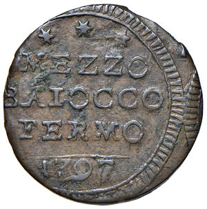 reverse: Fermo. Pio VI (1775-1799). Mezzo baiocco 1797 CU gr. 4,86. MIR 2911/2. Molto raro. Tracce di ribattitura, altrimenti buon BB