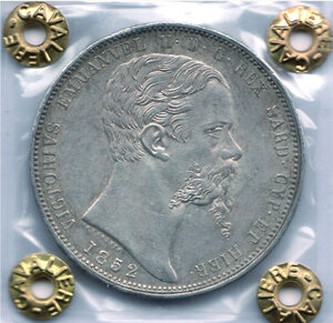 obverse: VITTORIO EMANUELE II - 5 Lire 1852 - Genova - Pagani 387.