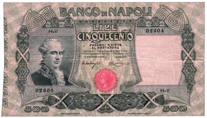 obverse: BANCO DI NAPOLI - 500 Lire - H-V 02304 - Decr. 07/09/1918.