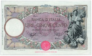 obverse: ITALIA - Regno - 500 Lire - Mietitrice
