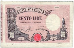 obverse: ITALIA - Regno - 100 Lire giallo con matrice - Decr. 06/12/1924 - Carta croccante.