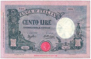 obverse: ITALIA - Regno - 100 Lire azzurro - Decr. 21/11/1933 - Carta croccante.