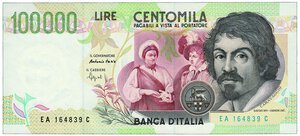 obverse: REPUBBLICA ITALIANA -  100.000 Lire Caravaggio - II tipo - EA 164839C - Decr. 06/05/1994.